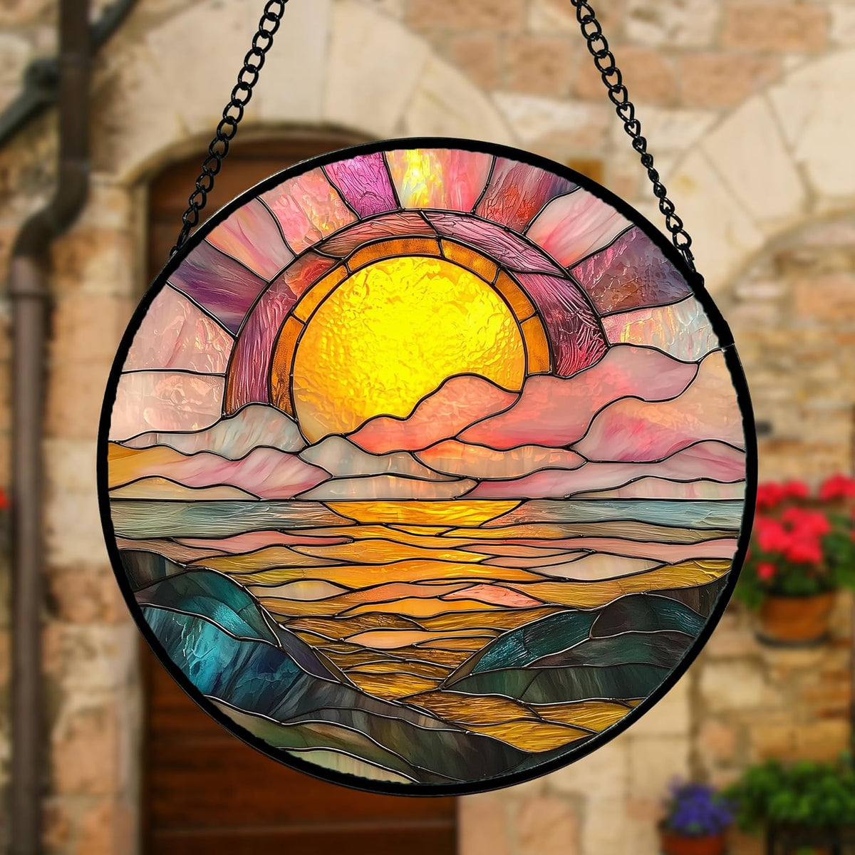 Stained Glass Window Hanging, Sunrise Over The Sea Suncatcher Diamond Glass Panel Hangings Abstract