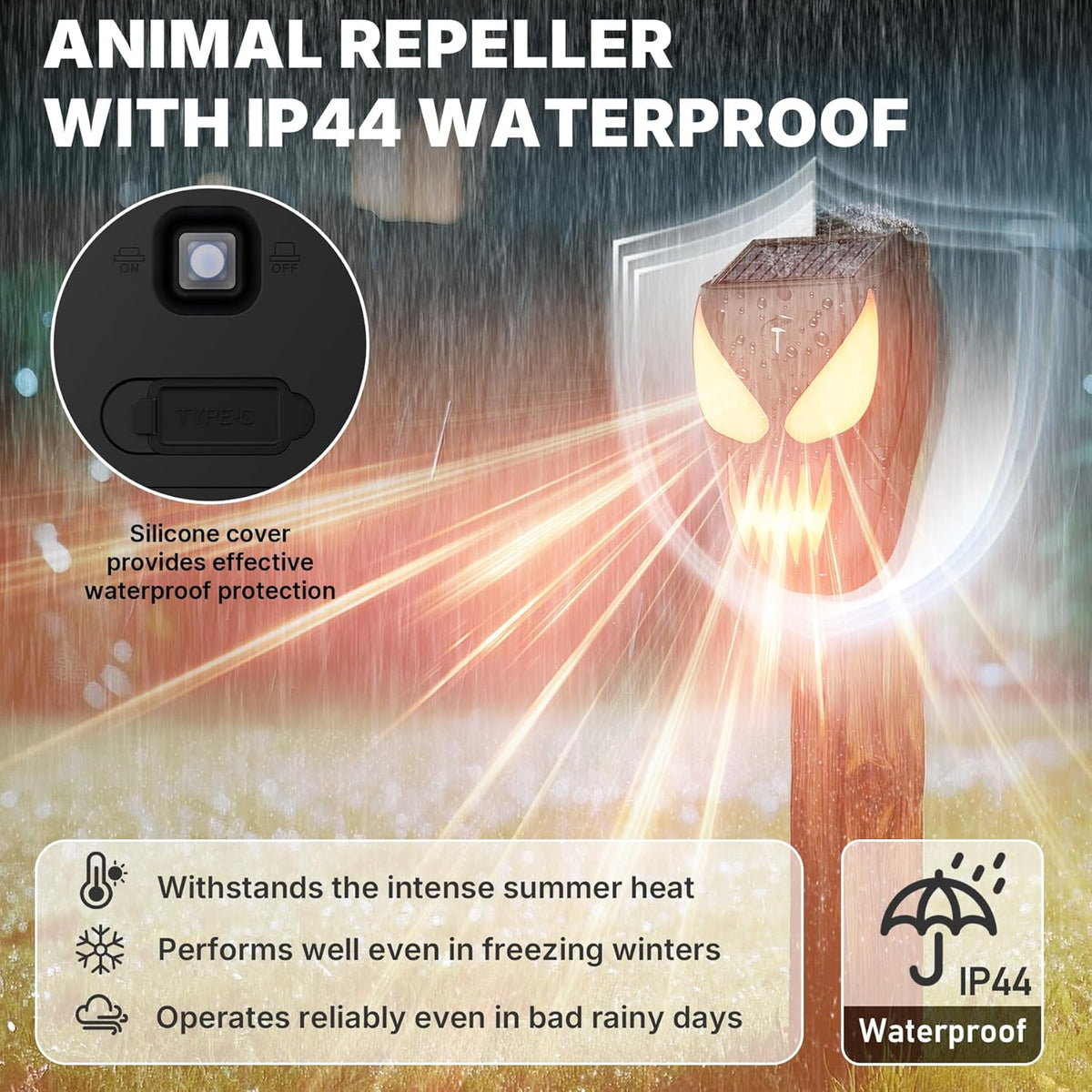 Solar Nocturnal Animal Repeller with Flickering Flame, Waterproof Solar Racoon Repellent Outdoor