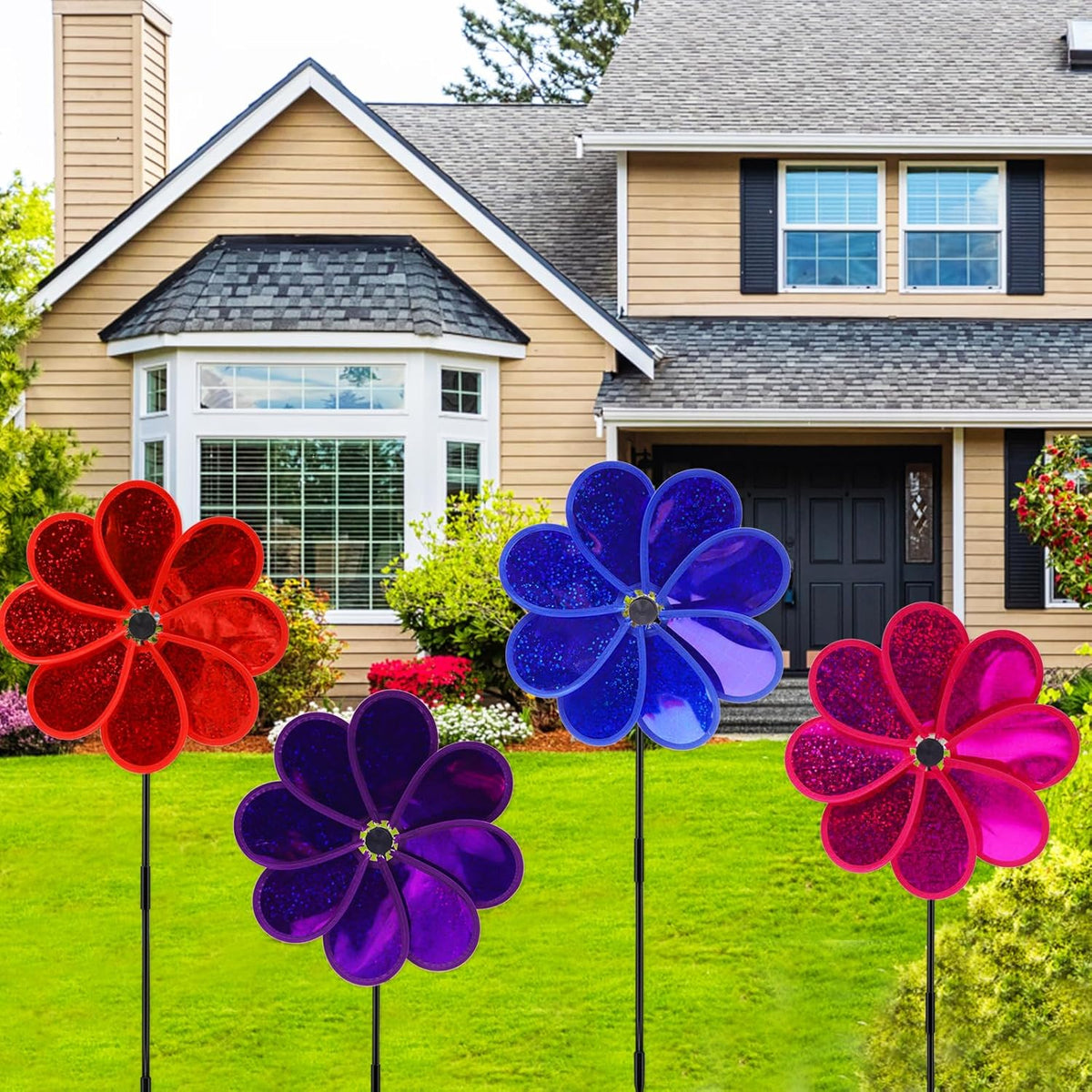 4PCS Flower Wind Spinner Sparkly Lawn Pinwheel 11.8 inch Colorful Rainbow Garden Windmill for
