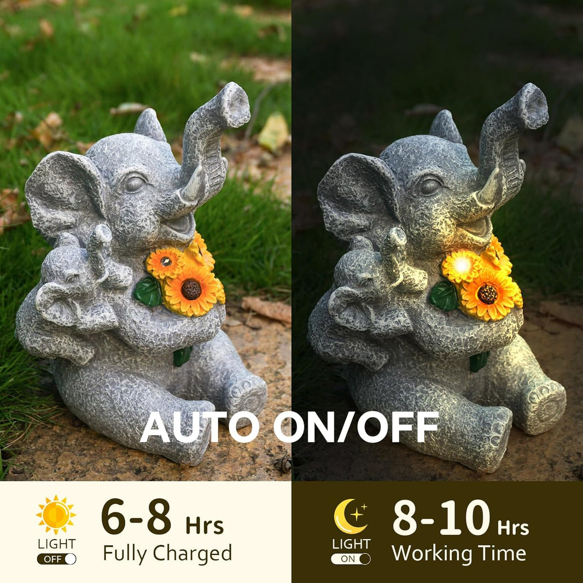 Elephant Gifts for Women, Solor Garden Statue, Elephant and Sunflower Figurine with Lights, Outdoor