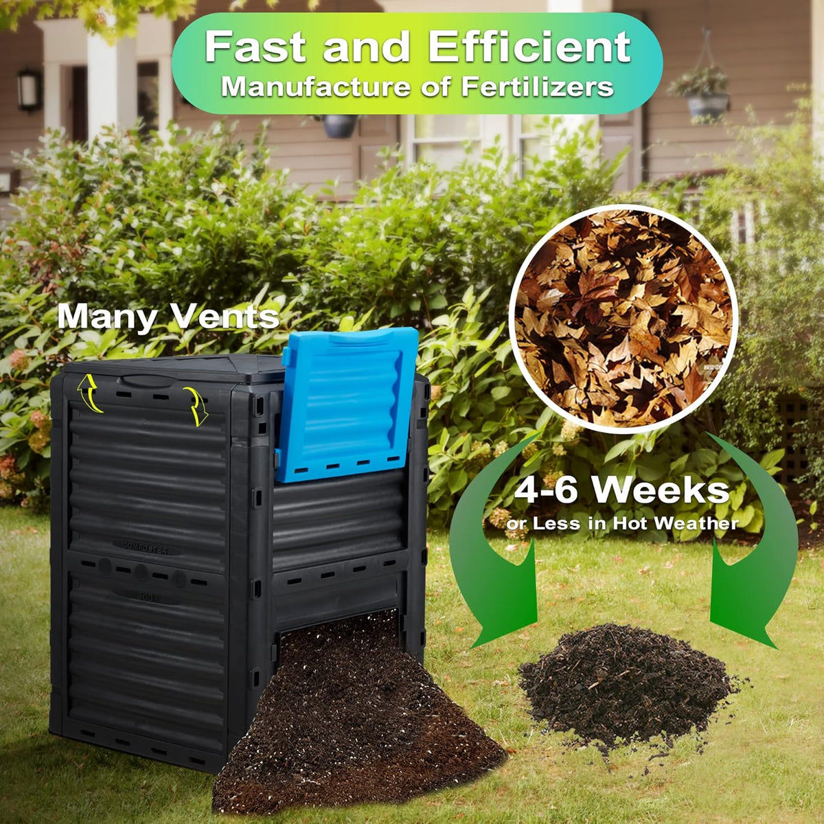 Garden Compost Bin 80 Gallon (300L) Large, Outdoor Composter from PP Material,Composting Box Easy