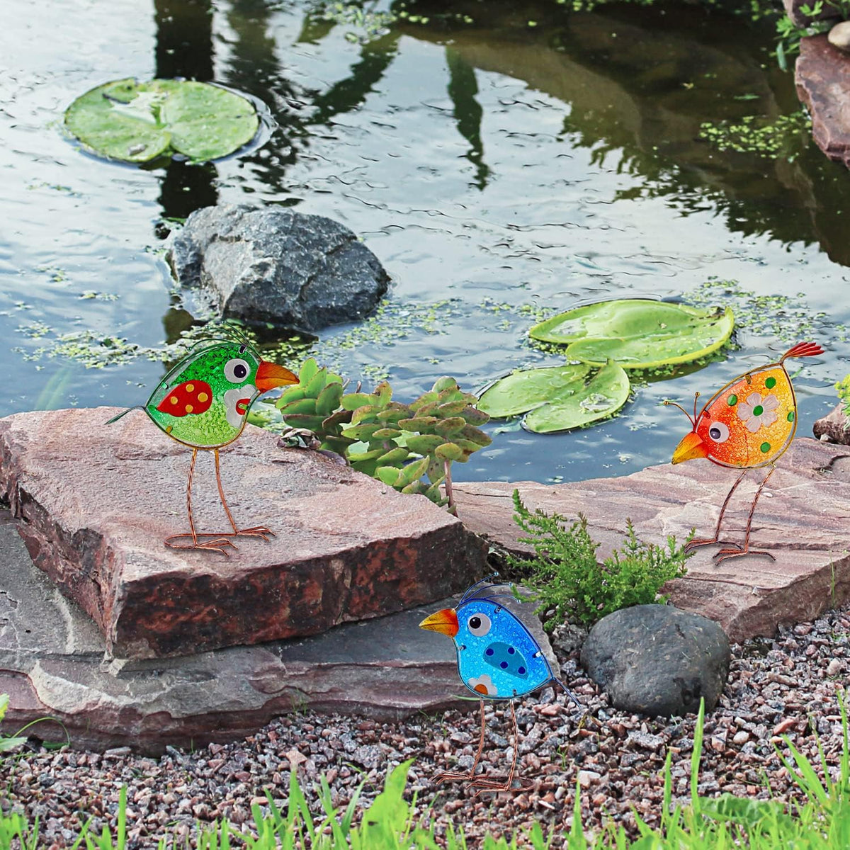 John's Studio Garden Decor for Outside - Outdoor Statue Decorations Metal Bird Glass Yard Art