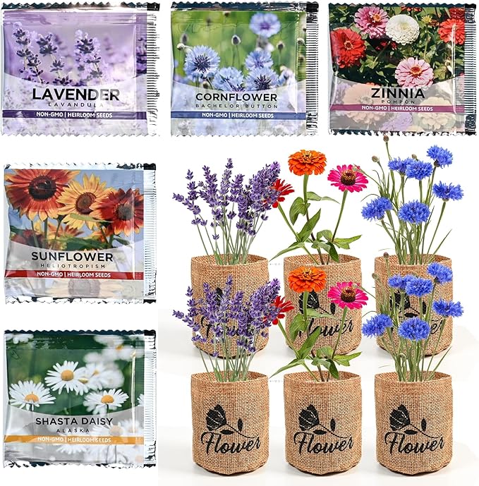 Indoor Daisy Garden Starter Kit with Gardening Tools - Jute Bags, Markers, Soil Disks and Shears