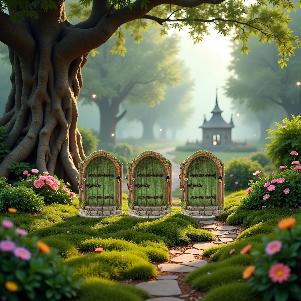 JJLFresheners 3Pcs Green Fairy Door Wooden Miniature Fairy Garden Doors Outdoor Mini Gnome House