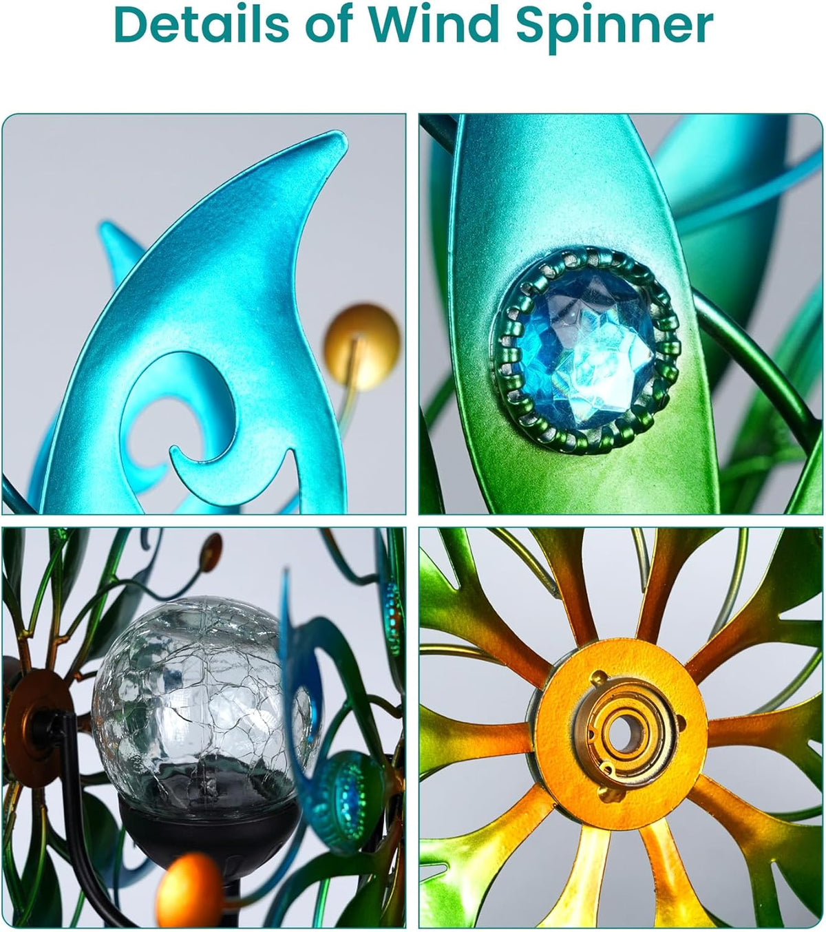 Solar Wind Spinners Outdoor – H63xW13 Metal Kinetic Garden Spinner with Crackle Glass Ball &