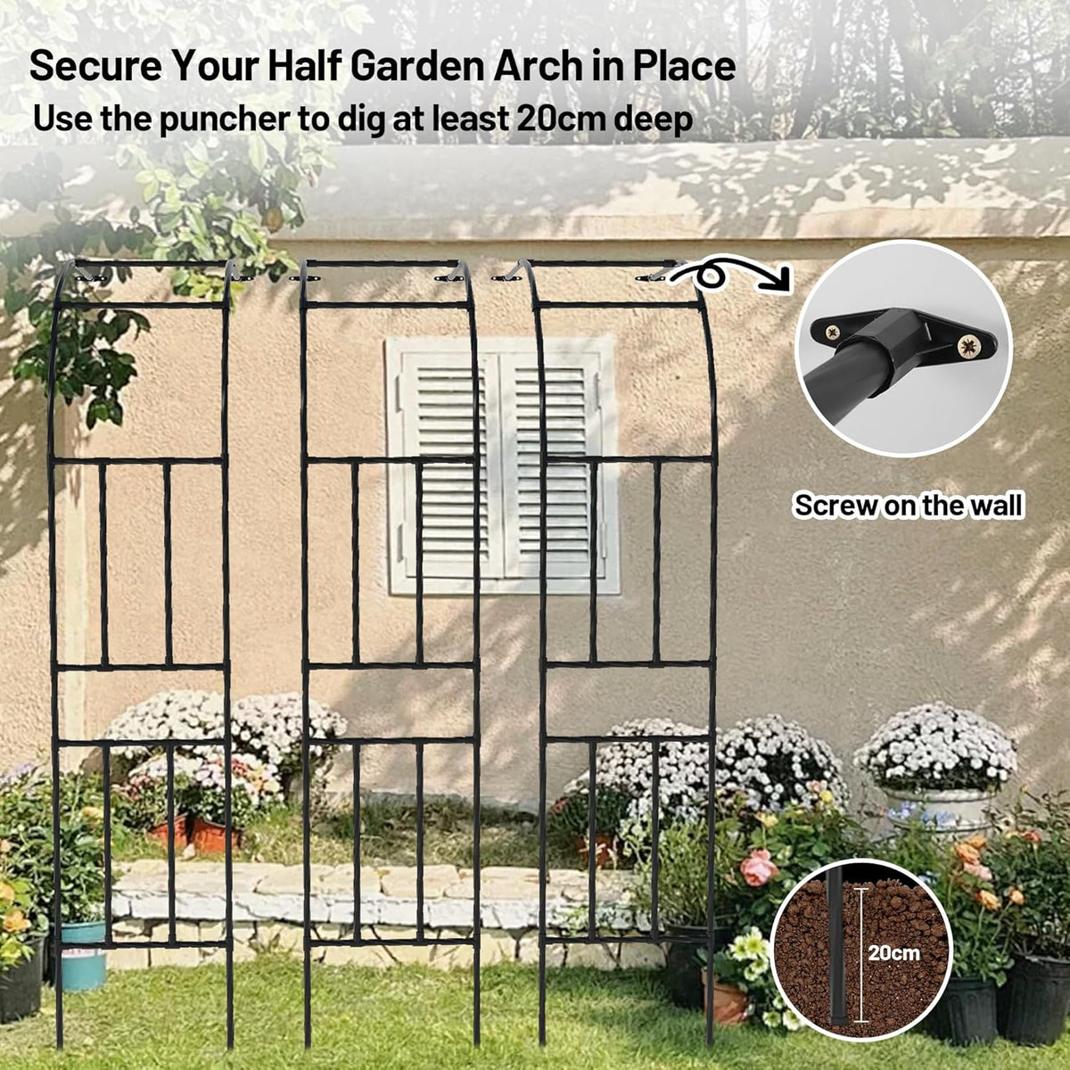 Twira Half Side Garden Arch Trellis, 7.9FT Metal Arbor Trellis for Climbing Plants Outdoor, Black