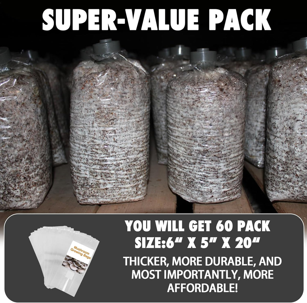 TonGass 60-Pack Autoclavable Mushroom Grow Bags Bulk with Microporous Filter Patchs - Large