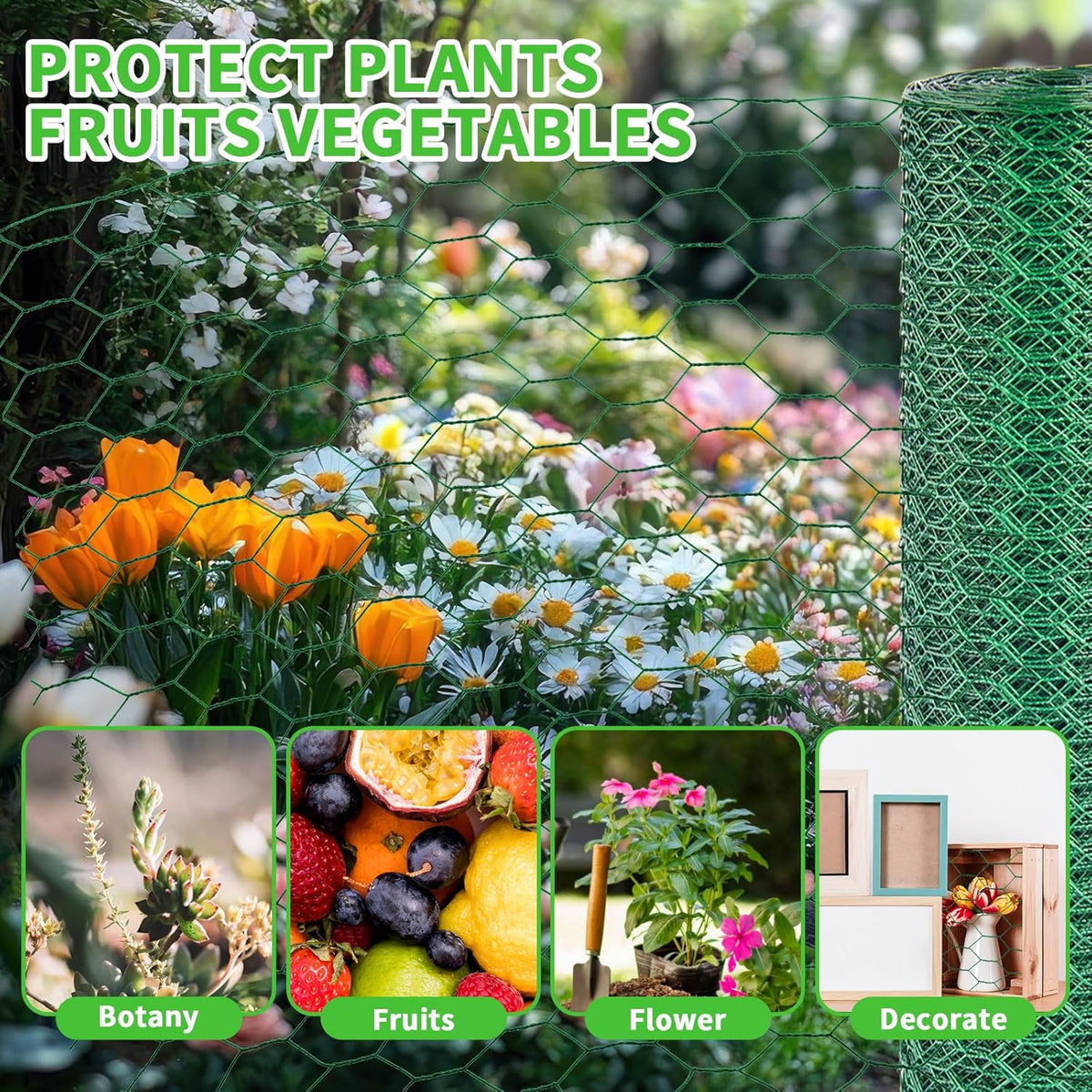 16 x 600 Inches Chicken Wire for Floral Arrangements, Green Chicken Wire, Hexagonal Galvanized Wire