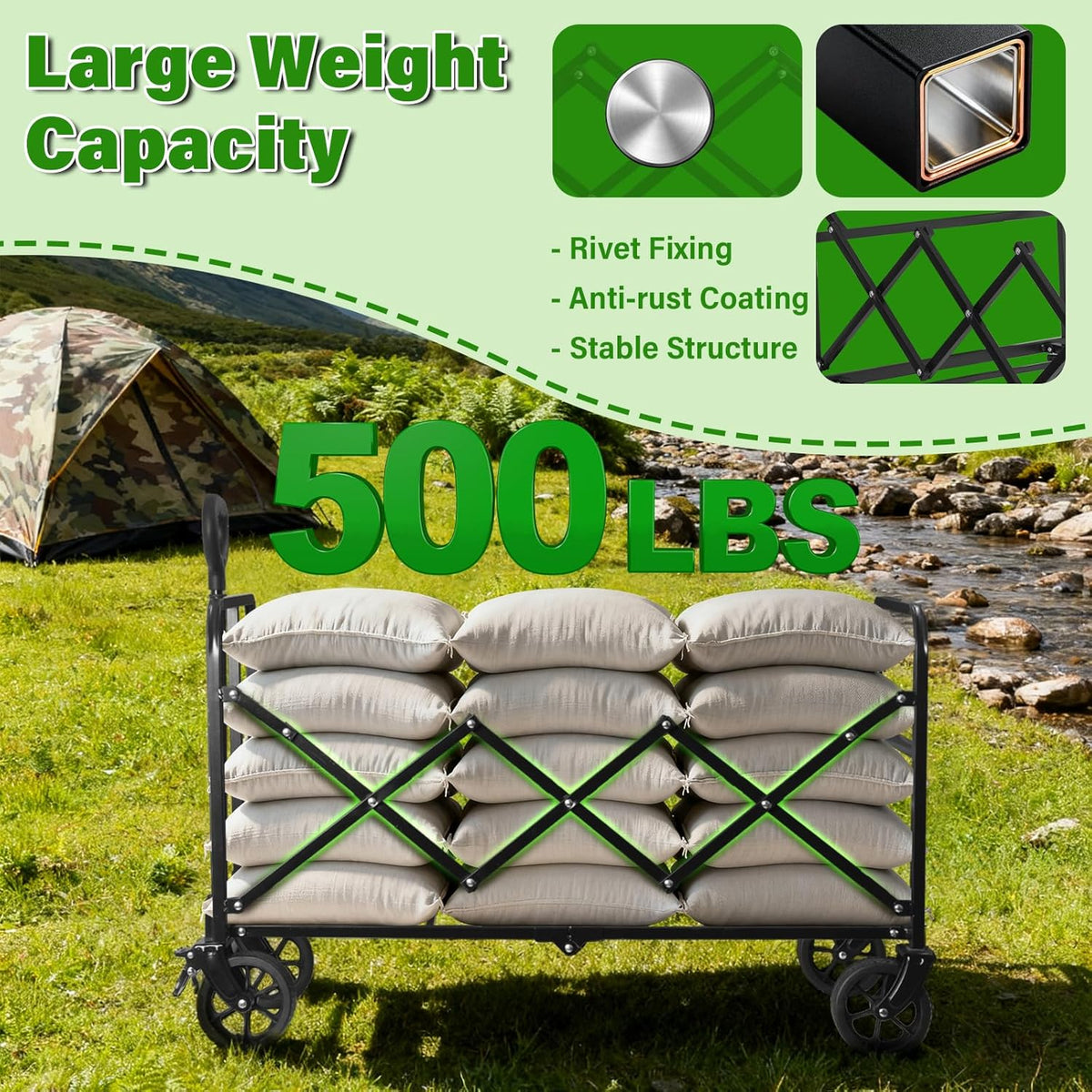 Wagon Cart Foldable,500Lbs Collapsible Wagon Cart with Wheels Portable, All Terrain Outdoor Utility