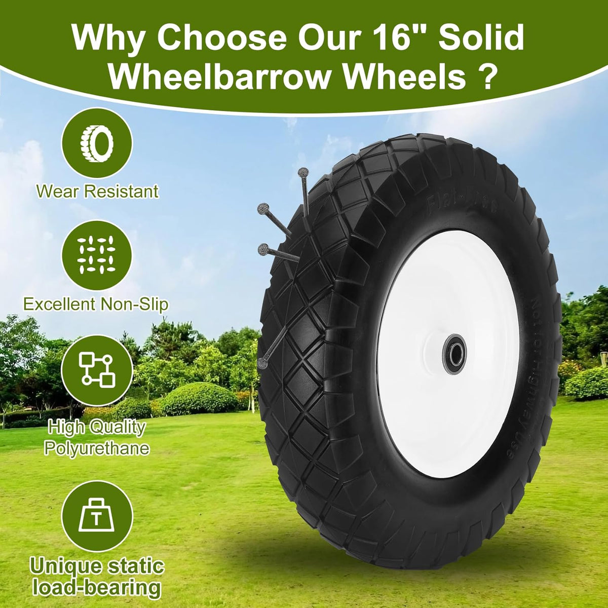 Upgraded 16" Flat Free Wheelbarrow Wheels and Tires, 4.80/4.00-8 Solid Wheelbarrow Tires with