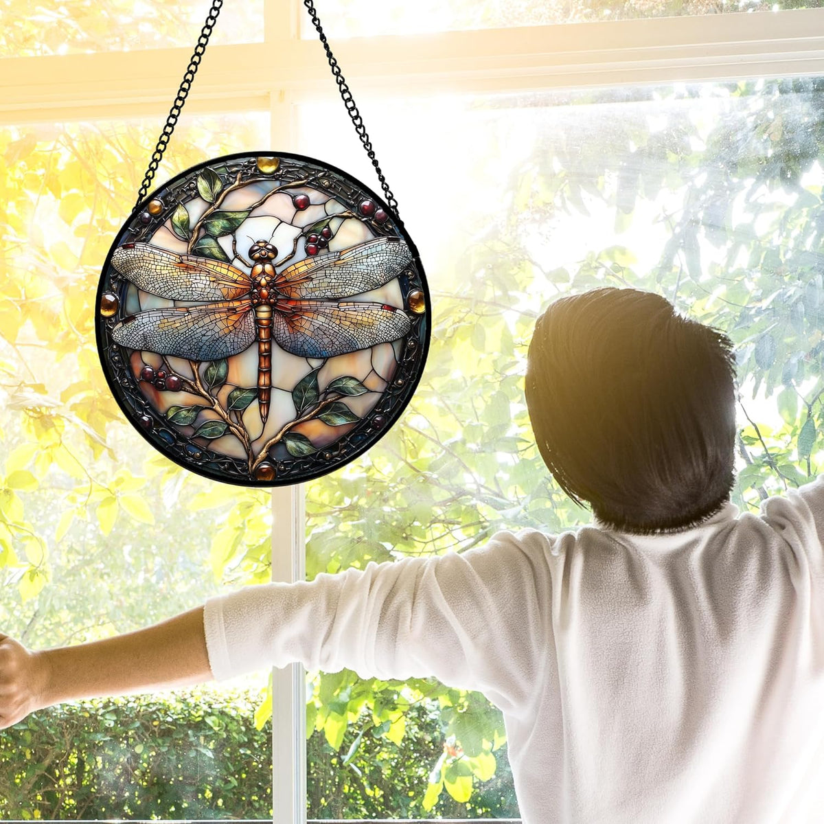 Stained Glass Window Hanging - Dragonfly Plant Suncatcher Ready to Hang Window Doors Home