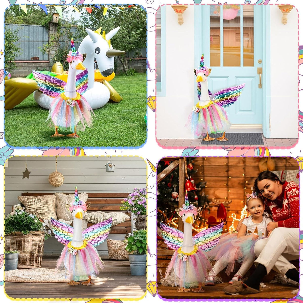 Abbylike Unicorn Goose Outfits Halloween Porch Goose Costume for 23'' Cement Statue Unicorn