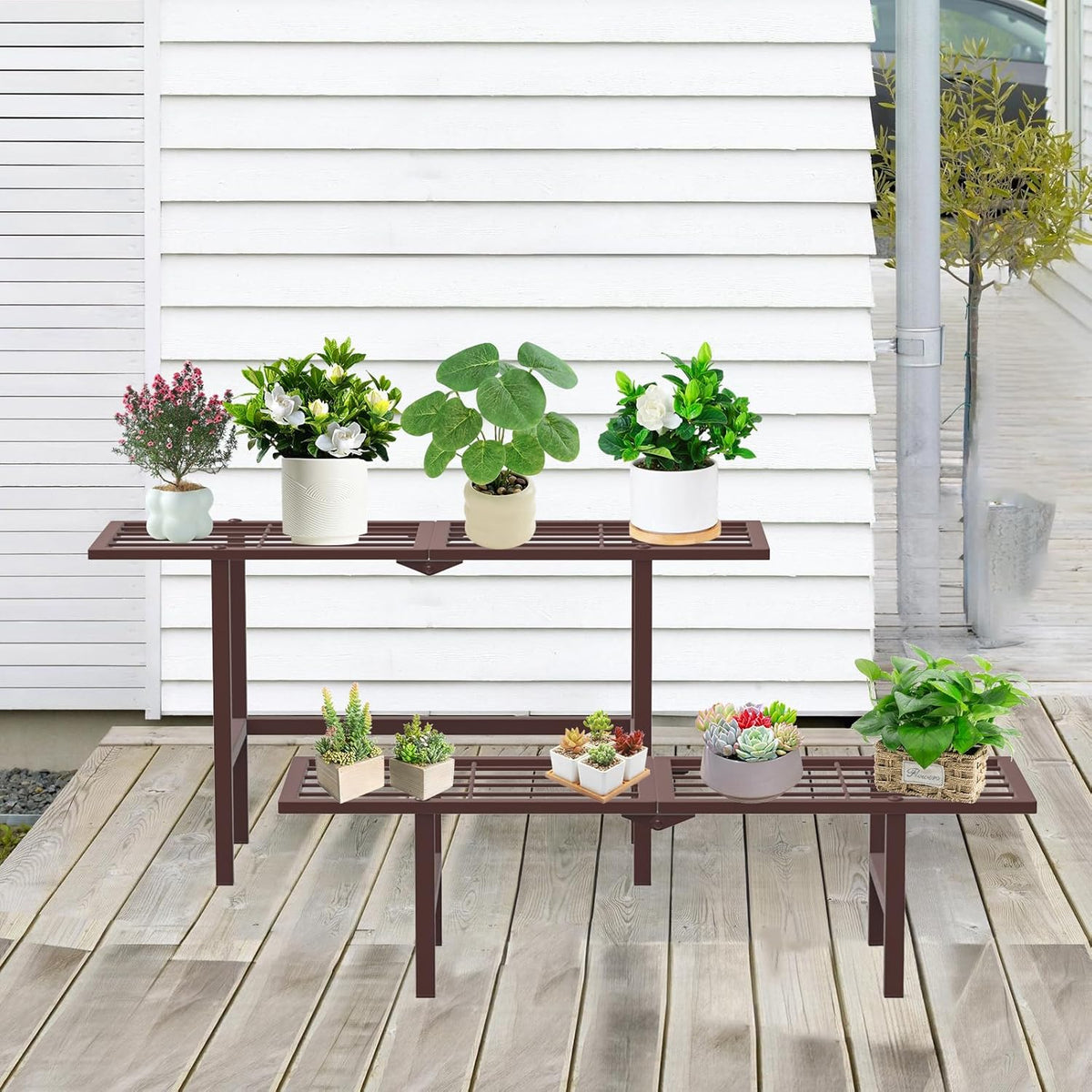 Plant Stand Indoor Outdoor, 2-Tier Foldable Metal Ladder Plant Stands, Stackable Metal Plant Shelf