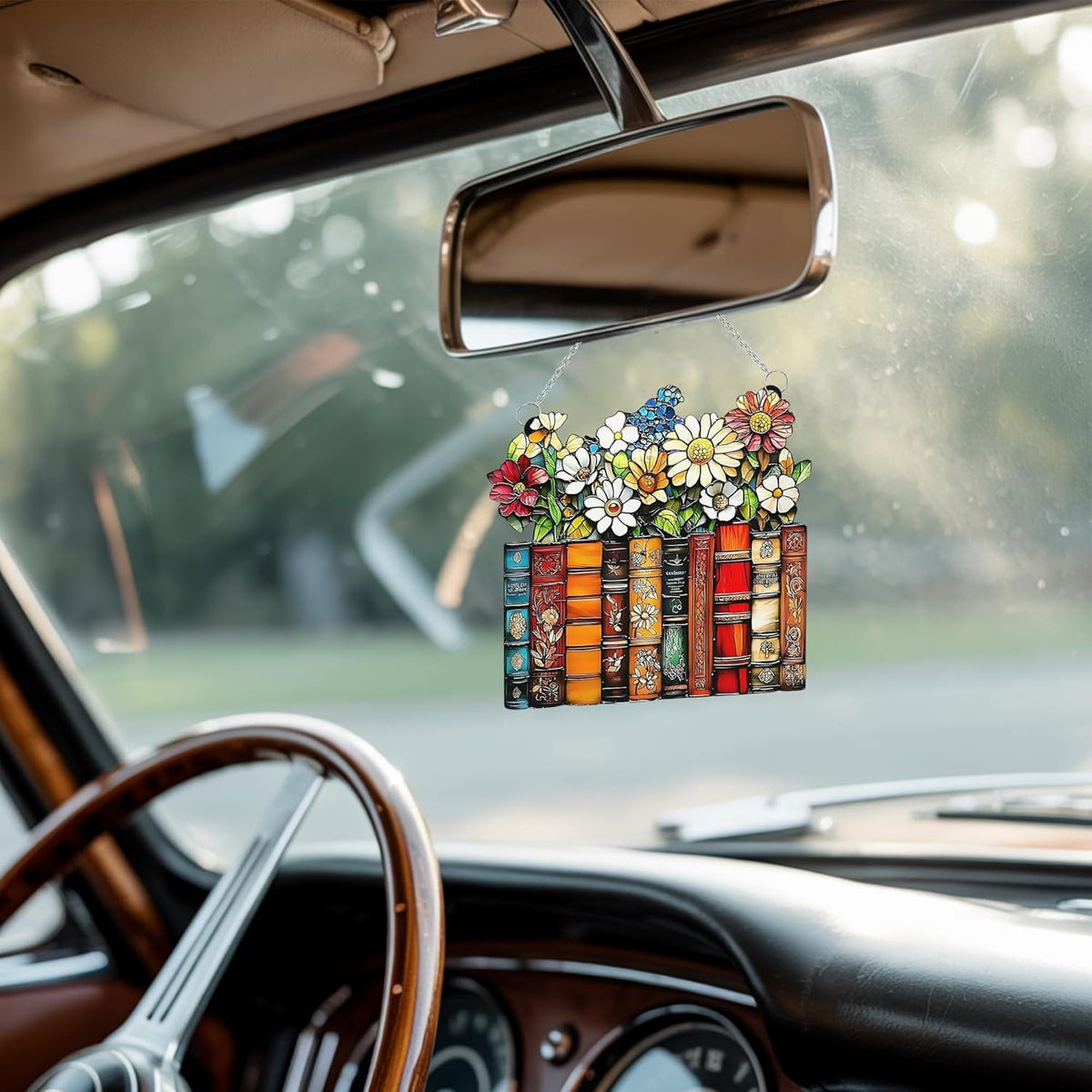 Floral Books Acrylic Suncatcher Stained Glass Effect Window Car Hanging Christmas Ornament Indoor