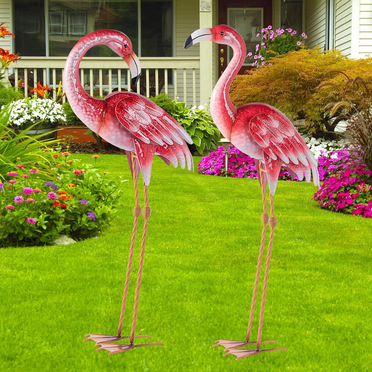 Natelf Pink Flamingo Yard Decorations, Metal Garden Statues and Sculptures, Standing Bird Lawn