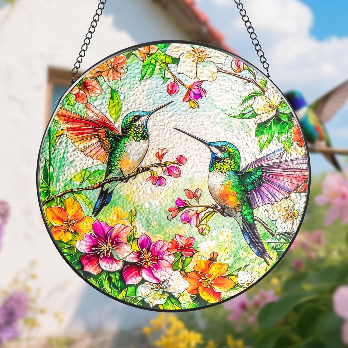 Suncatcher Stained Glass Window Hanging - Hummingbird Glass Panel with Metal Chain and Hooks