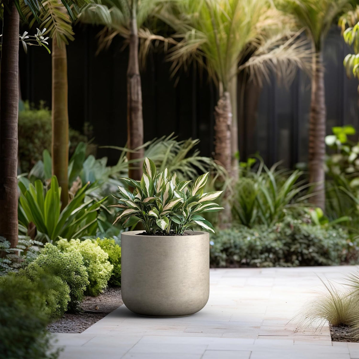 Kante 17.3-Inch Dia Round Concrete Planter, Indoor & Outdoor Garden Pot with Drainage Hole & Rubber