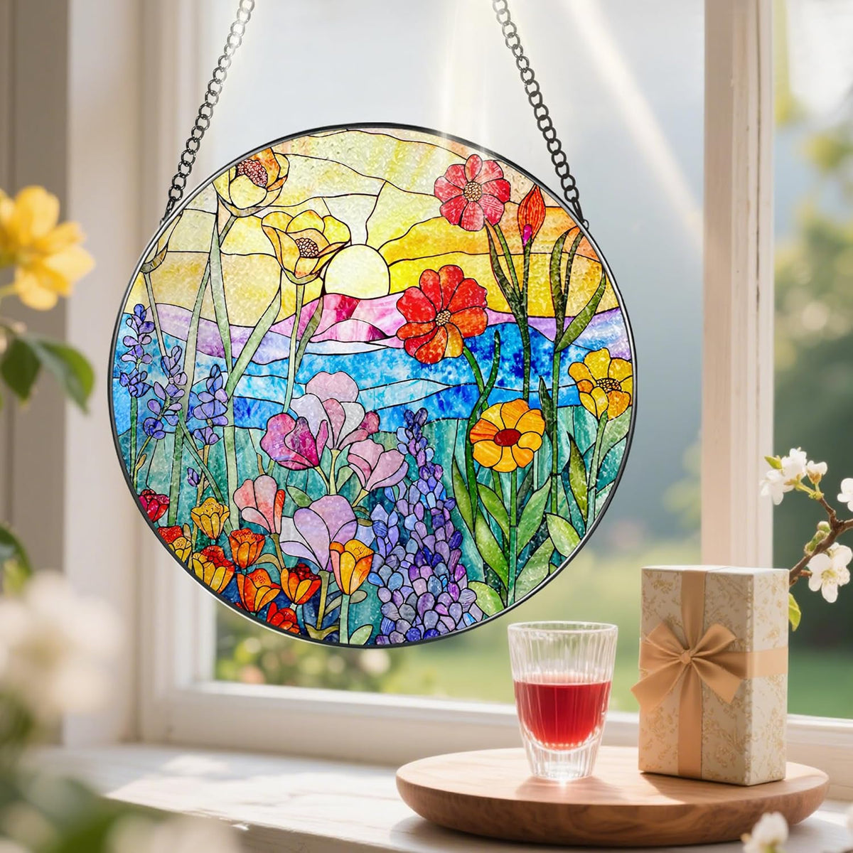 8-Inch Stained Glass Ornament, Stained Glass Window Hanging, Window Hanging Decor, Suncatcher Home