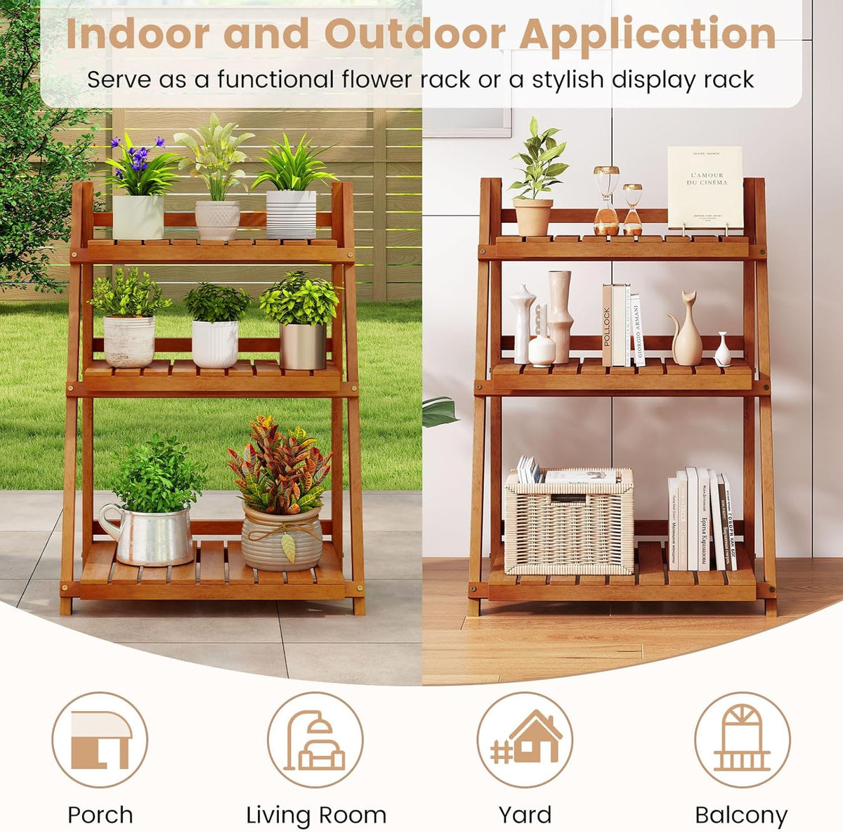 Giantex Foldable Ladder Plant Shelf, 3-Tier Solid Wood Indoor Outdoor Flower Pot Display Rack