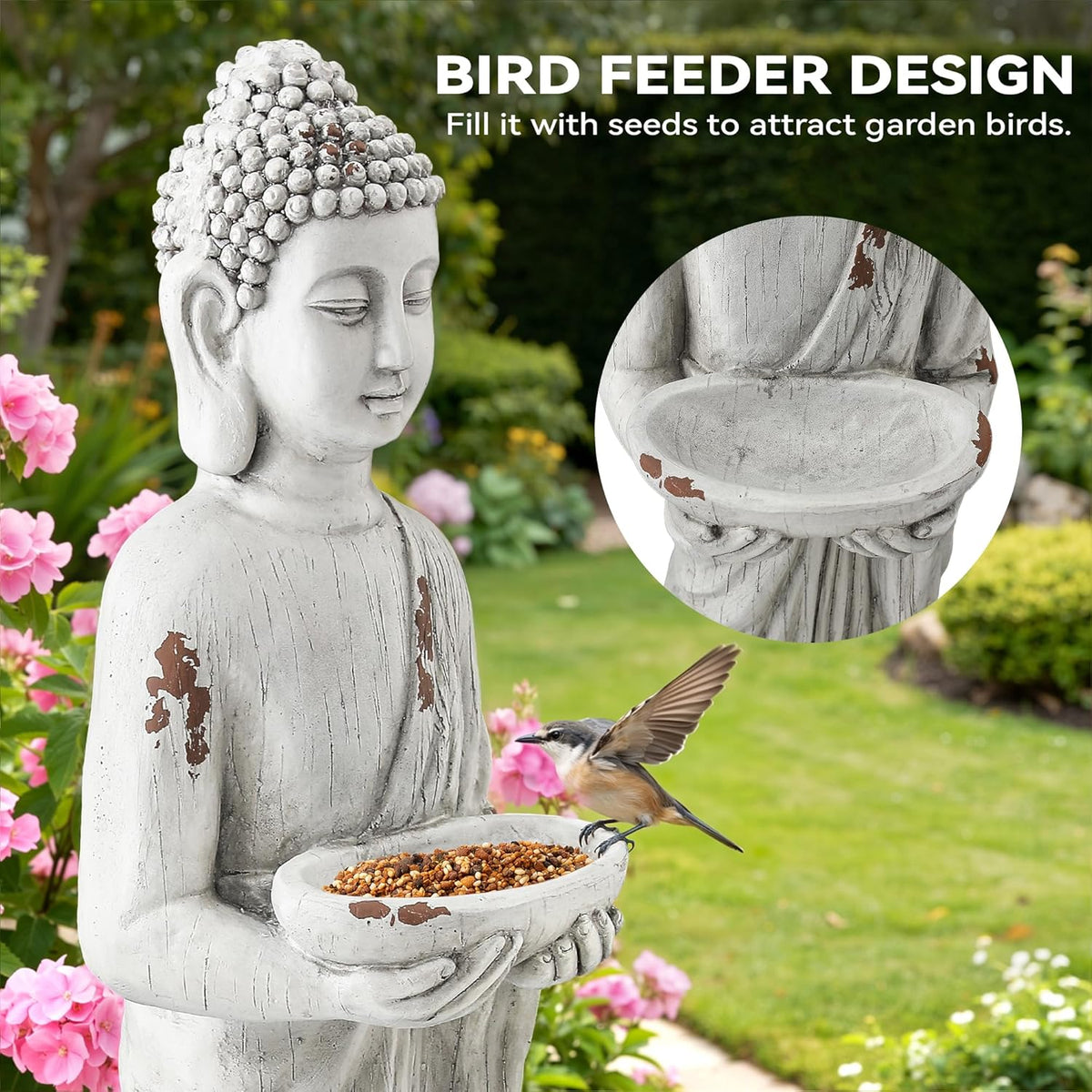 Zen Garden Asian Buddha Statue, 42.1" Large Outdoor Yard Sculpture,Durable Magnesium Oxide Stone