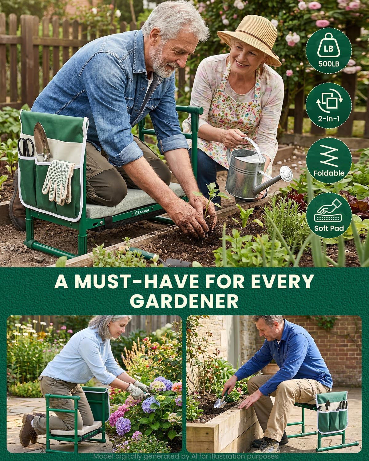 Saker 2026 Upgraded Garden Kneeler and Seat with 500LB Frame & Soft Pad