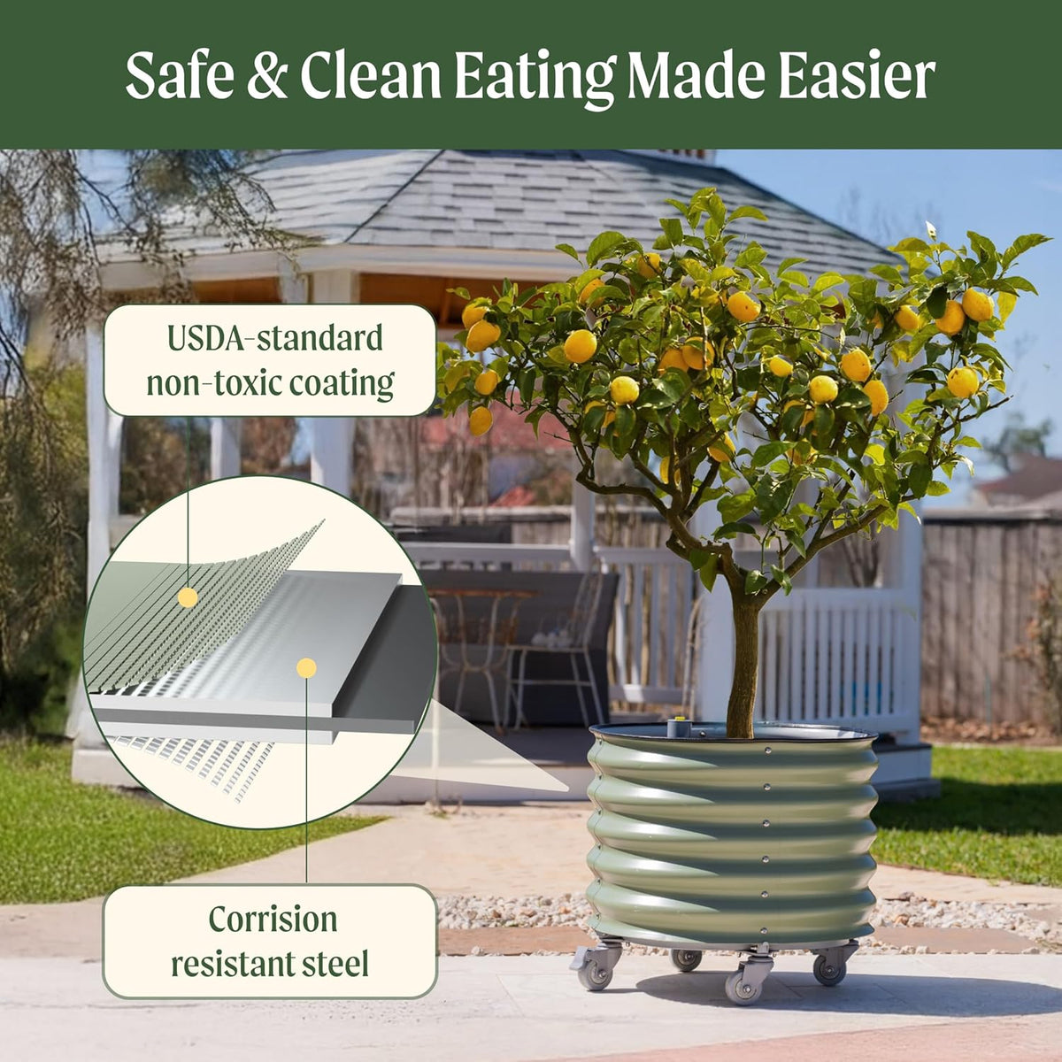 Rolling Metal Citrus Tree Planter, Self-Watering Round Planter Box for Porch Patio & Backyard