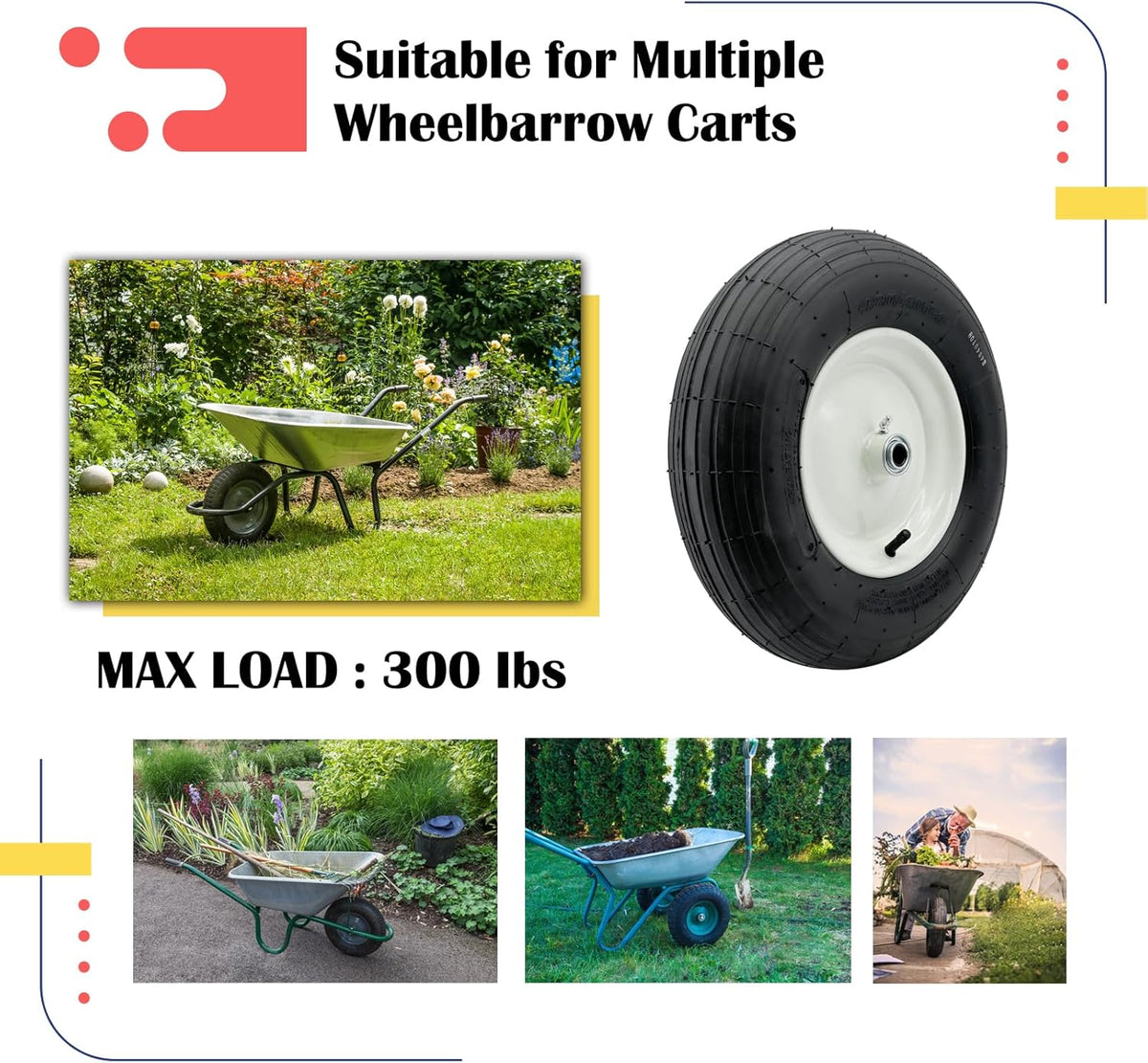 2-Pack 4.80-8 Wheelbarrow Tire with Rim 3"-6''Centered Hub, 3/4" or 5/8''or 1/2'' Bearings, 16‘’