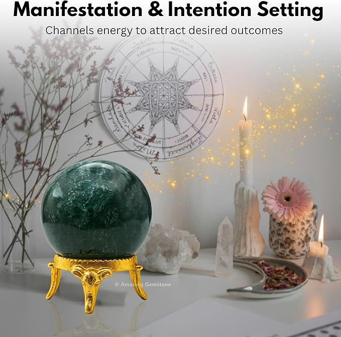 Amazing Gemstone Moss Agate Crystal Ball with Stand - 2" Inches Crystal Sphere Meditation Balls for