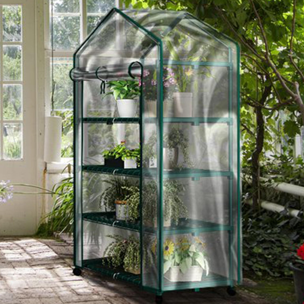 4 Tier Mini Greenhouse - Portable Greenhouse with Locking Wheels and PVC Cover for Indoor or