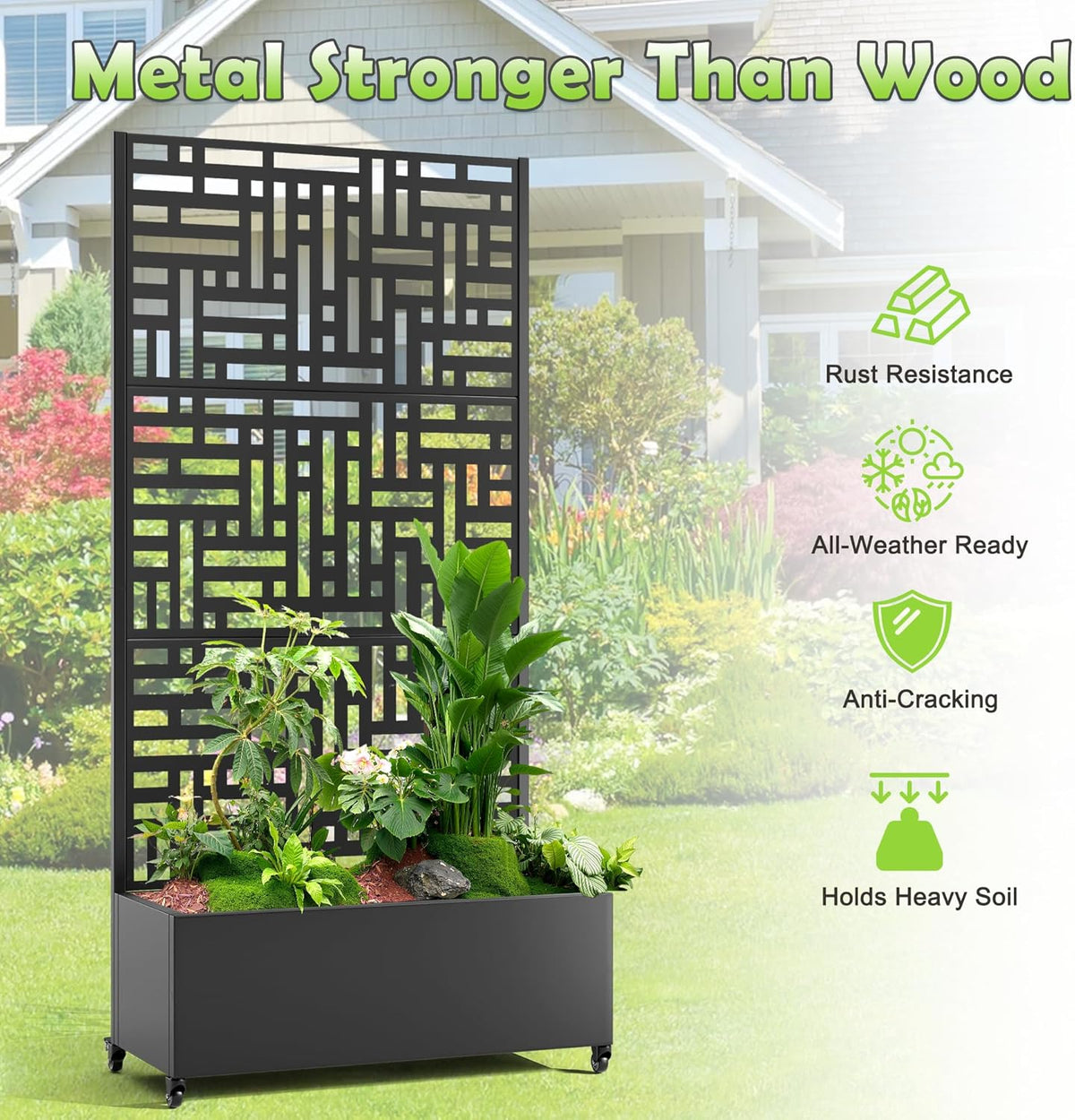 15.7"×70.9"×35.4" Metal Raised Garden Bed with Trellis and Wheels - Tall Trellis Planter Box for
