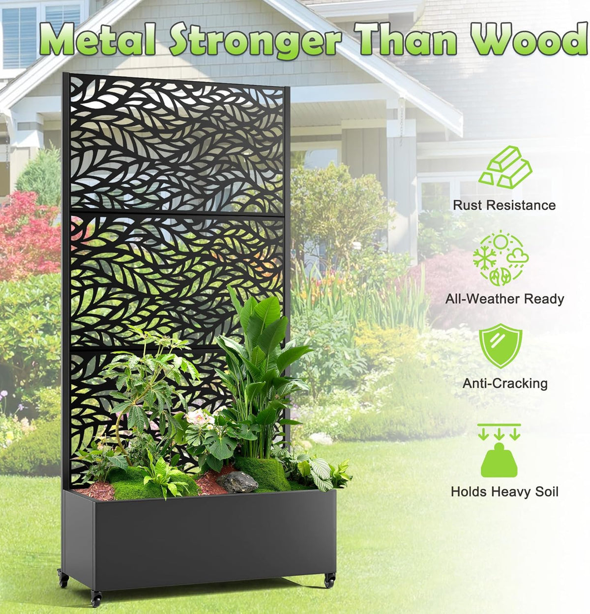 15.7"×70.9"×35.4" Metal Raised Garden Bed with Trellis and Wheels - Tall Trellis Planter Box for
