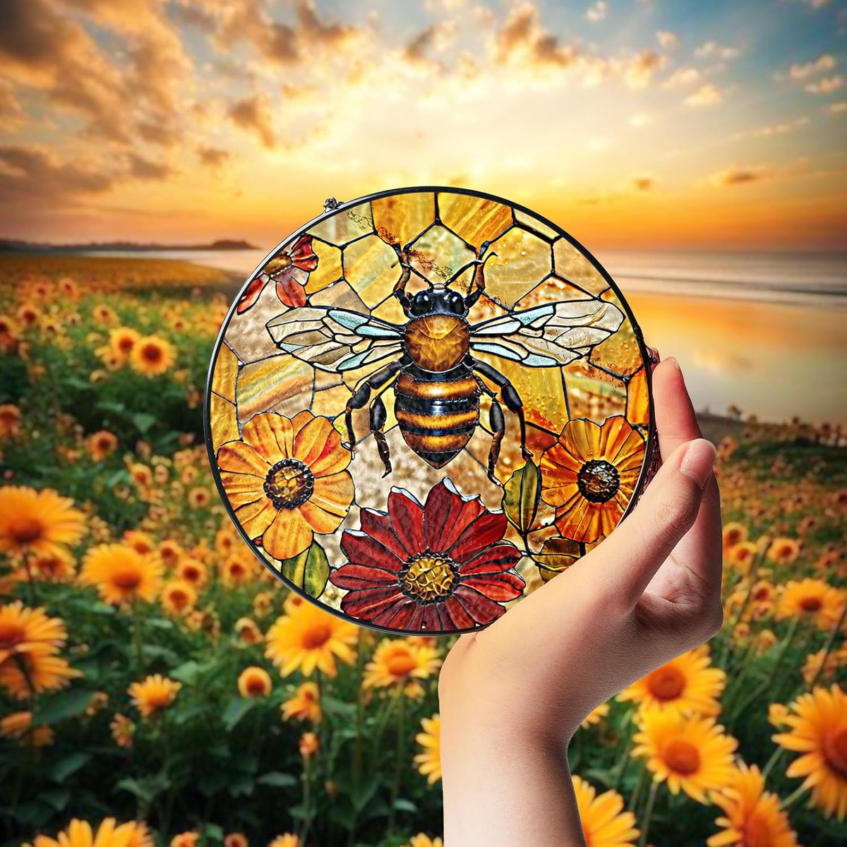 7.8" Bee Honeycomb Stained Glass Suncatchers Art Insect Flowers for Sun Catcher Gifts for Pet