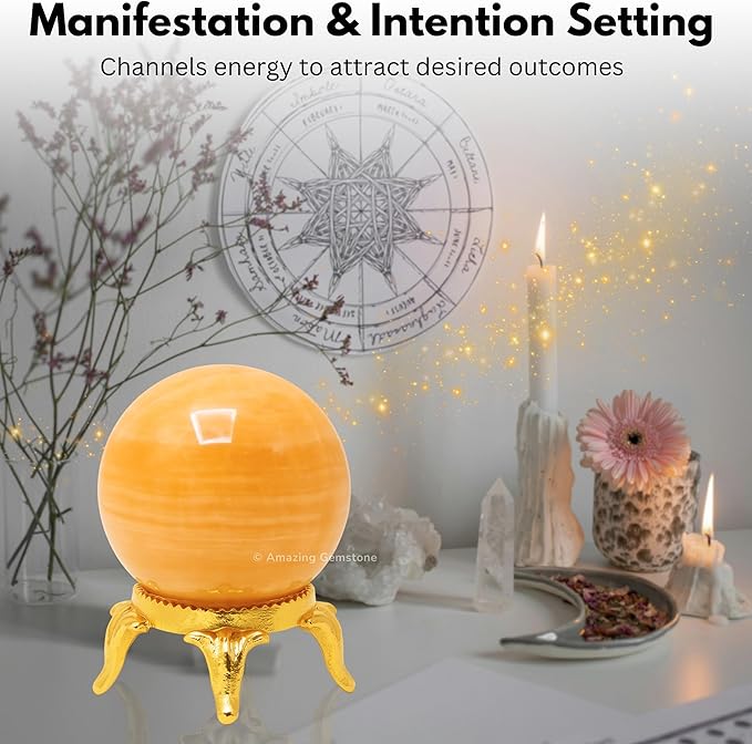 Amazing Gemstone Yellow Calcite Banded Crystal Ball with Stand - 2 Inches Crystal Sphere Meditation