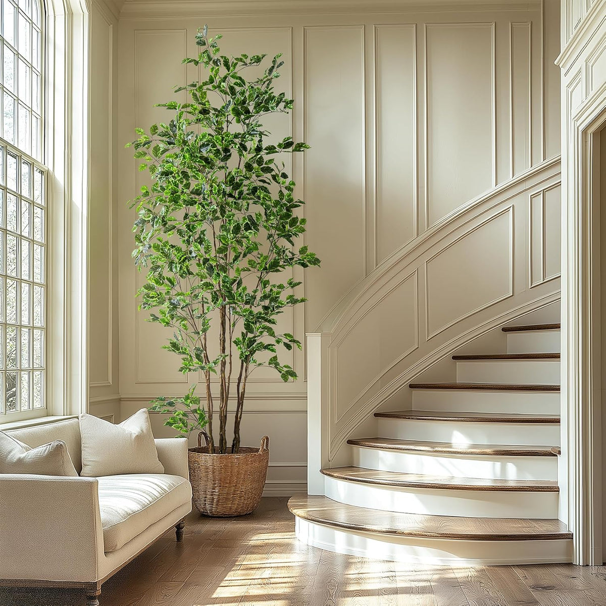 Artificial Ficus Tree Indoor 8ft, Large Potted Faux Tree with Realistic Silk Leaves & Trunk for