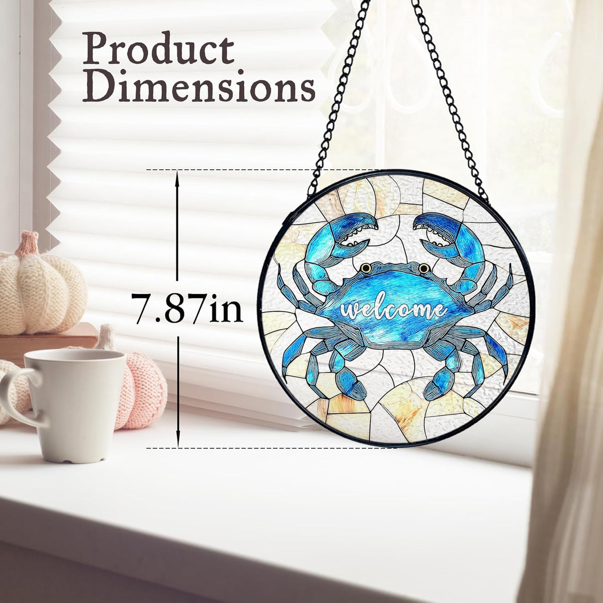 kdqua Coastal Beach Crab Welcome Suncatcher Stained Glass Window Hanging, Ocean Marine Crab Sun