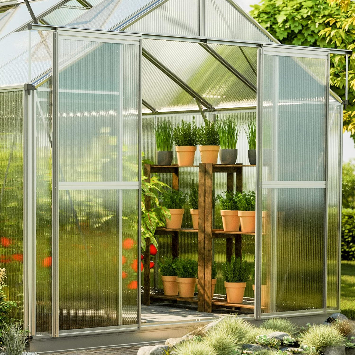 Greenhouse Topas 4 Aluminum Frame 7.4 x 8.5 ft Approx. 6 mm Polycarbonate Panels - with Bonus Base