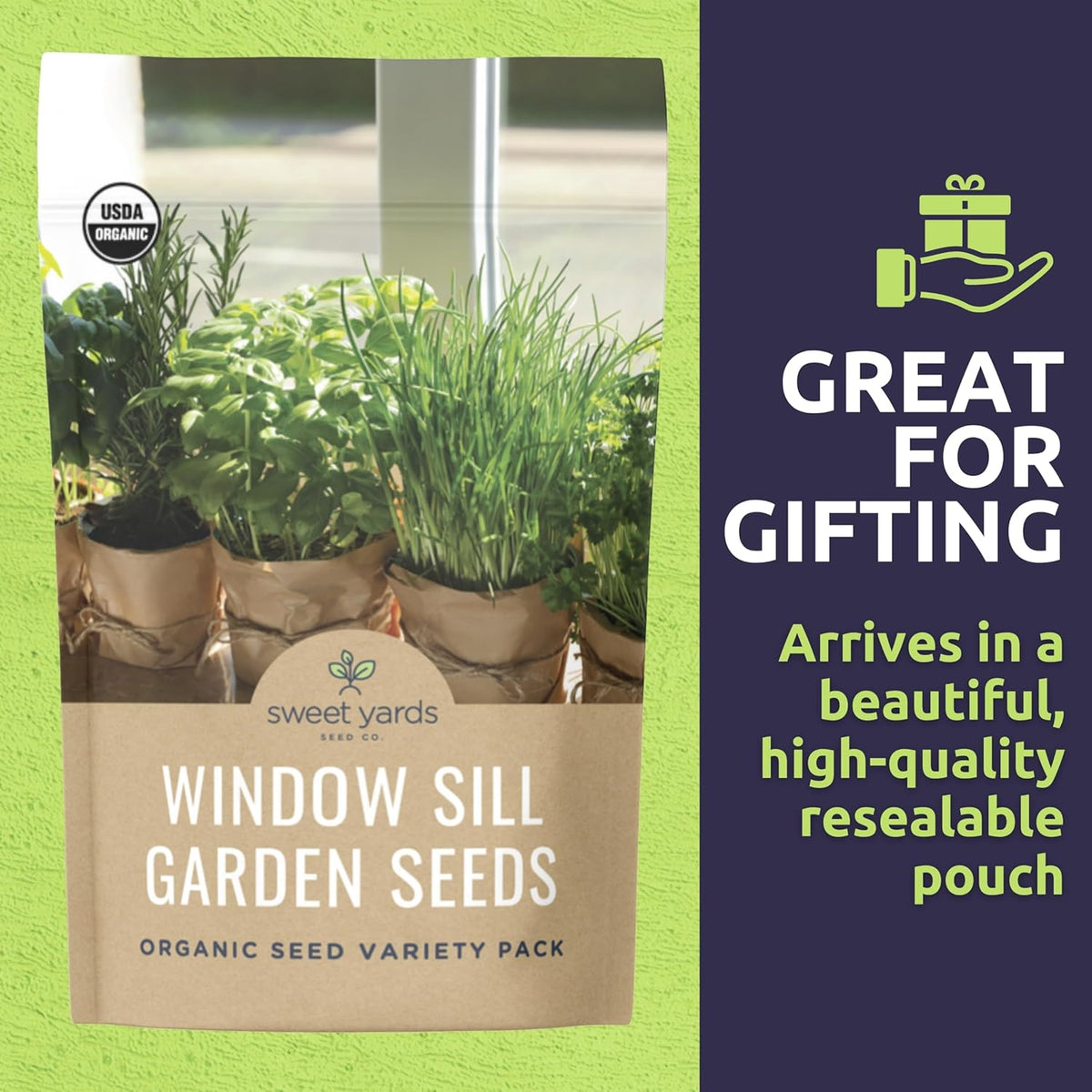 Organic Window Sill Seeds Variety Pack - 10 Individual Packs - 2025 Season - Basil, Cilantro, Pink