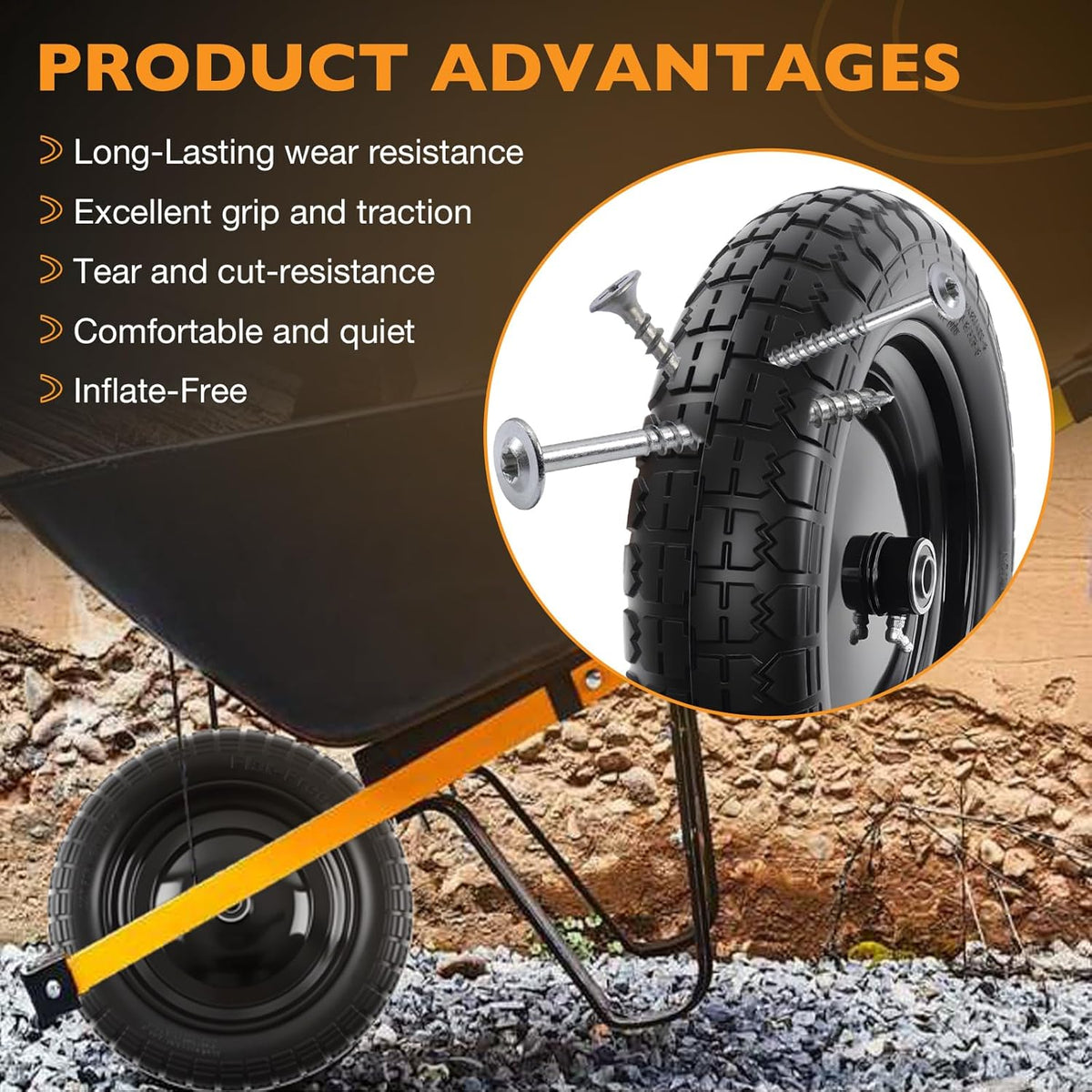 HQPASFY 14.5" Flat Free Tire 4.80/4.00-8 Wheelbarrow Tire and Wheel, 3" Centered Hub, 5/8" & 3/4"