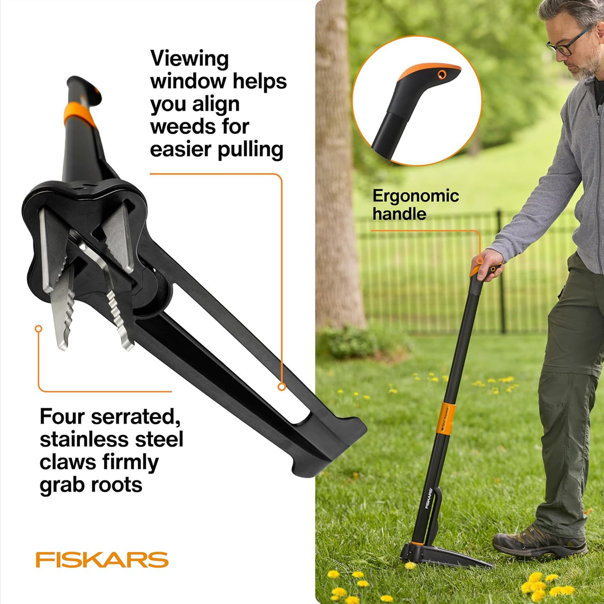 Fiskars 4-Claw Stand Up Weed Puller Tool, Gardening Hand Weeding Tool with 39" Long Ergonomic