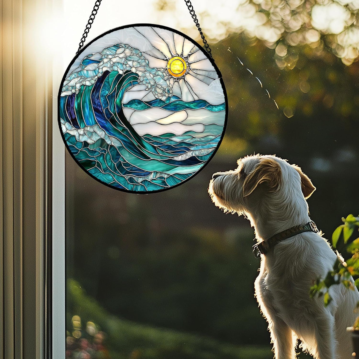 Stained Glass Window Hanging - Blue Green Waves Suncatcher for Door Terrace Garden Home Decor