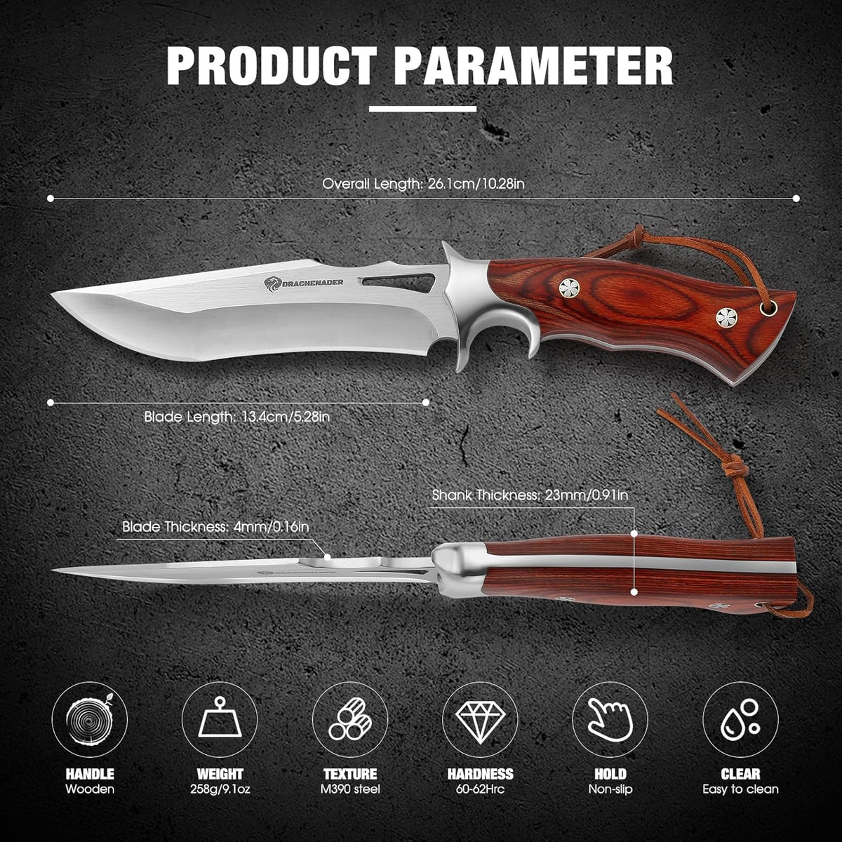 10.24" M390 Knives Hunting Knife Fixed Blade with Leather Sheath, Bushcraft Full Tang Knife