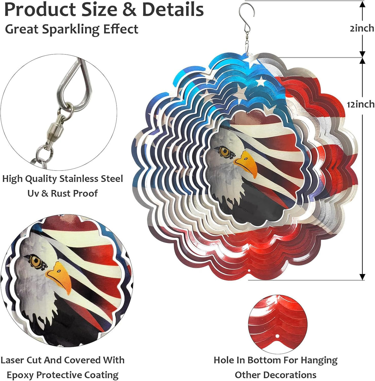 American Flag Wind Spinner - Patriotic Eagle Design | 12In 3D Holographic Hanging Wind Sculptures &