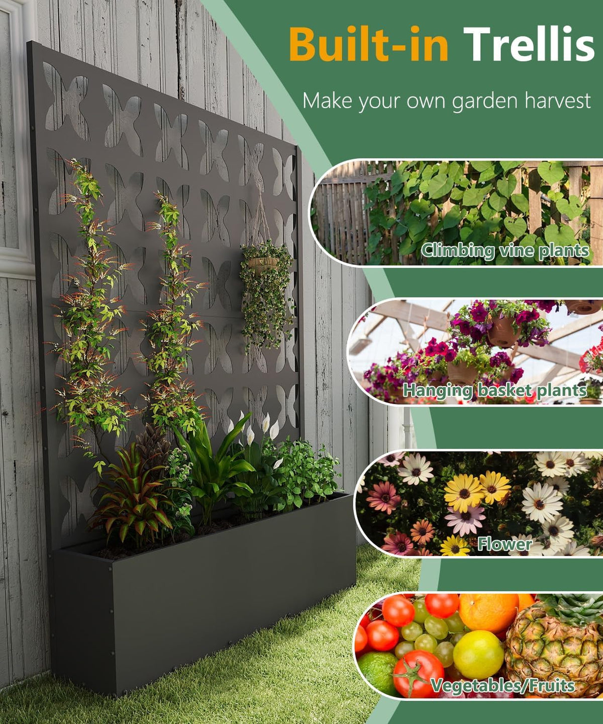 2PCS Metal Planter Box with Trellis,70.9"x47.2"x15.7" Raised Garden Bed with Drainage Holes