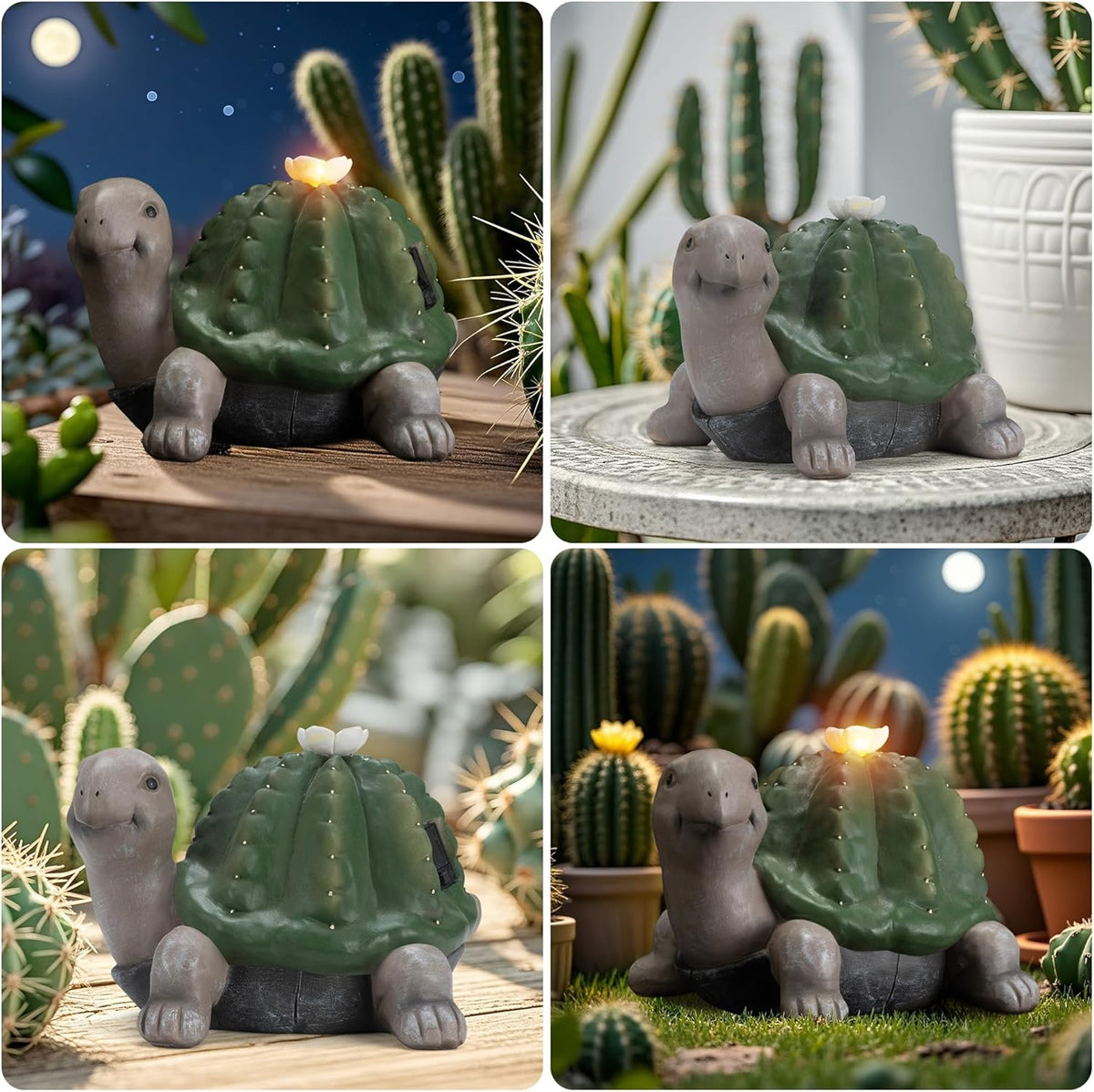 Solar Cactus Turtle Statue Garden Decor Light - Outdoor Decorative LED Flower, Suitable for Patio