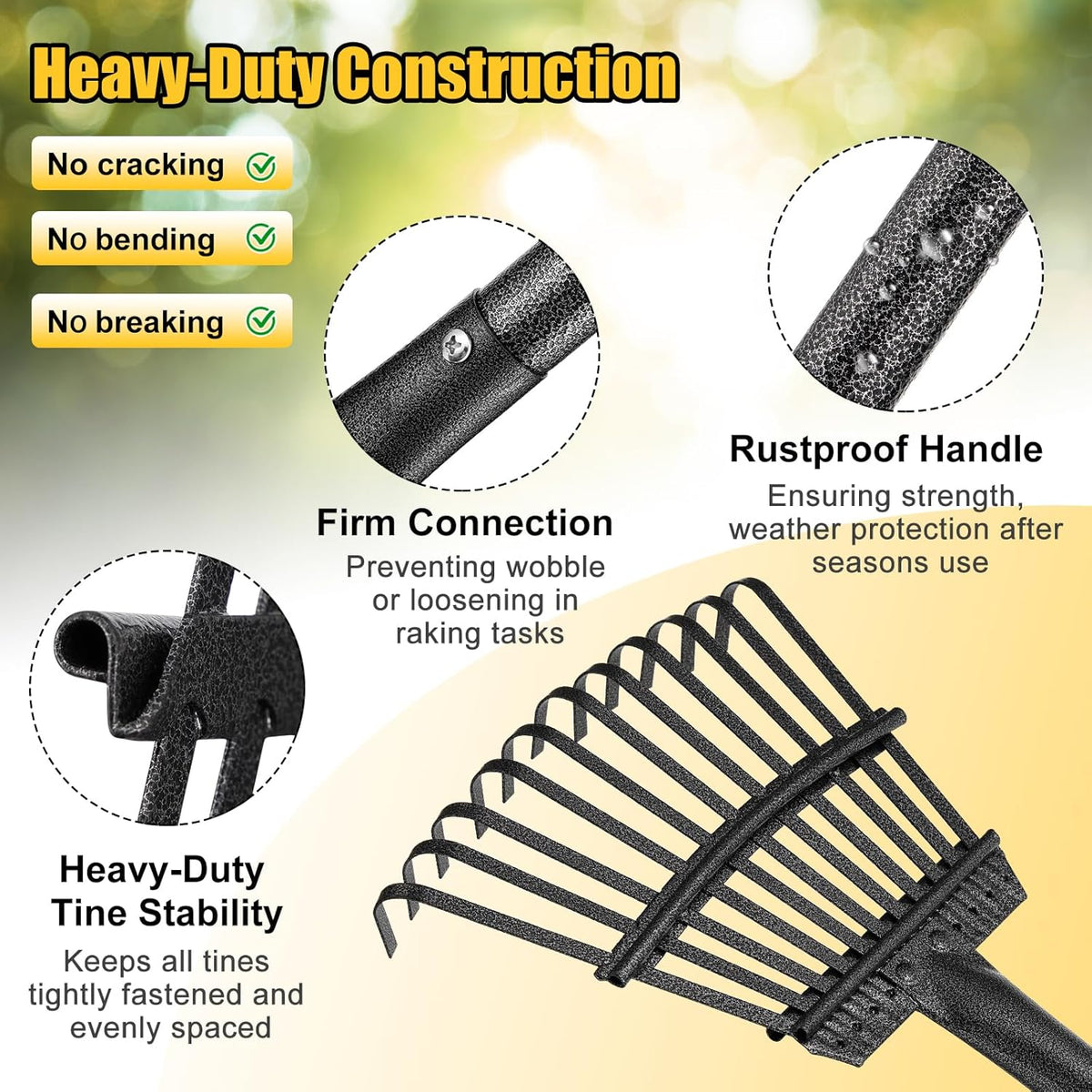 Rake for Leaves: Small Metal Garden Rake, 8.5" Wide, 11 Metal Tines,Heavy Duty Lightweight Kids