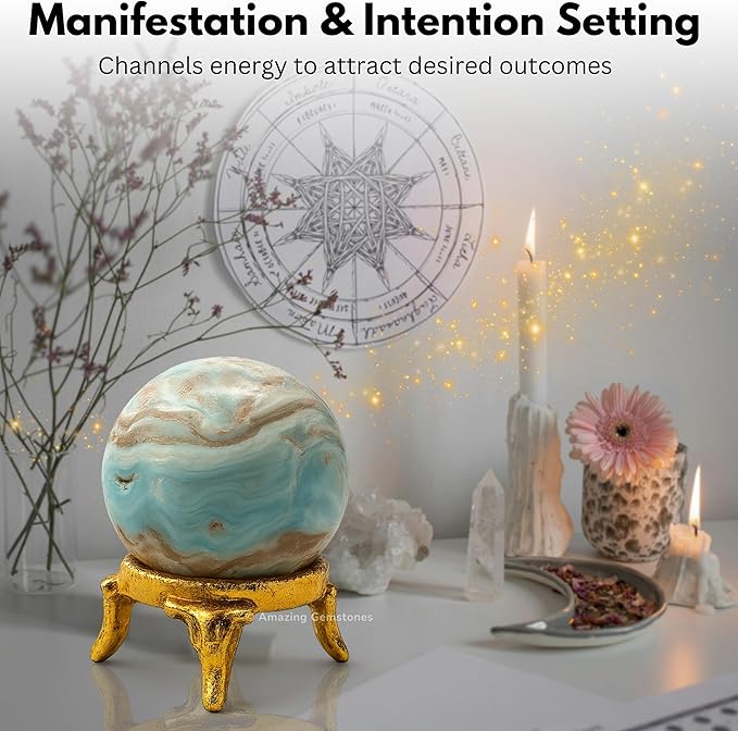 Amazing Gemstone Caribbean Calcite Crystal Ball with Stand - 2" Inches Crystal Sphere Meditation