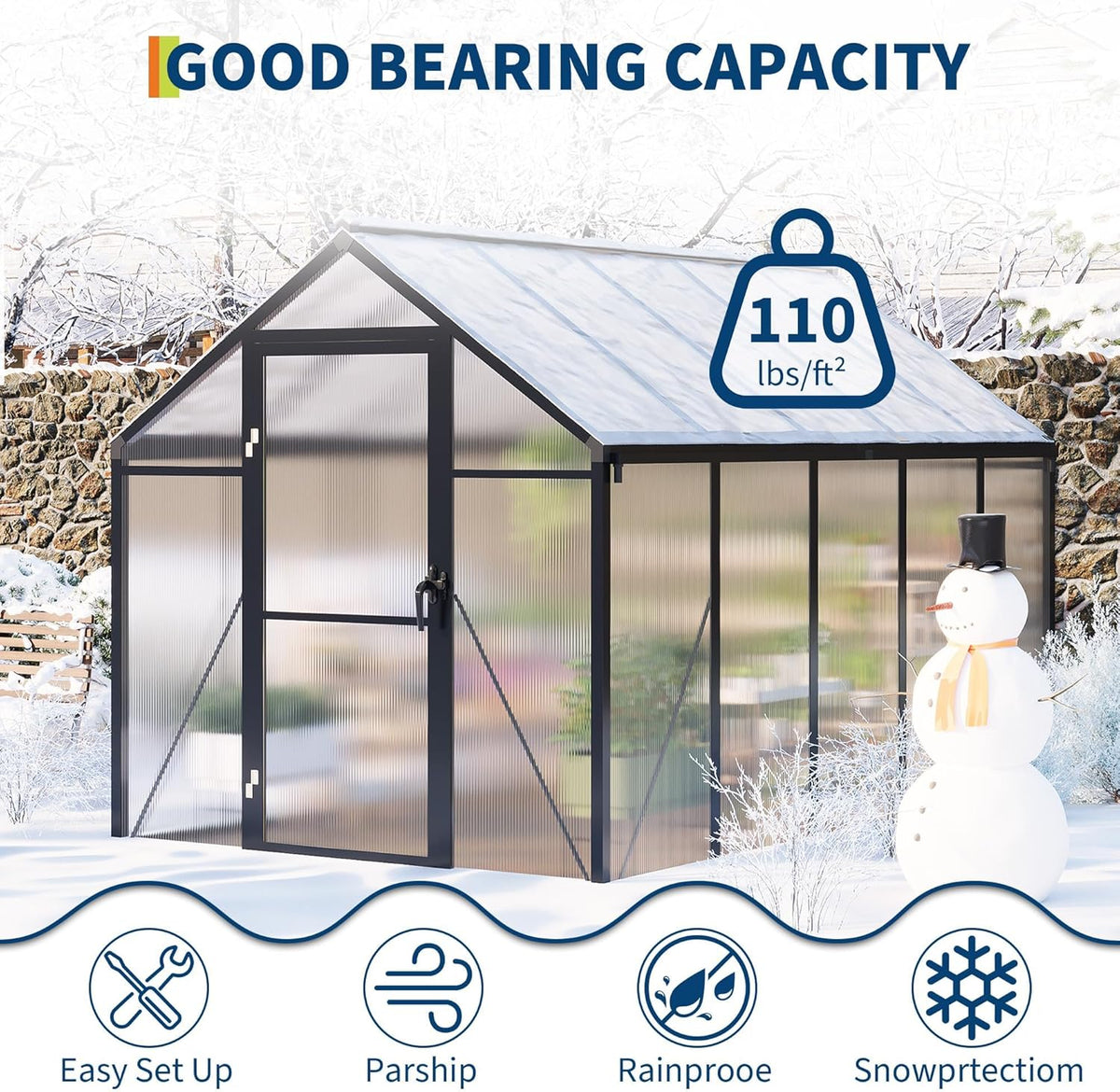 6x10 FT Greenhouse for Outdoors, Polycarbonate Greenhouse with Roof Vent, Ground Nails, Lockable