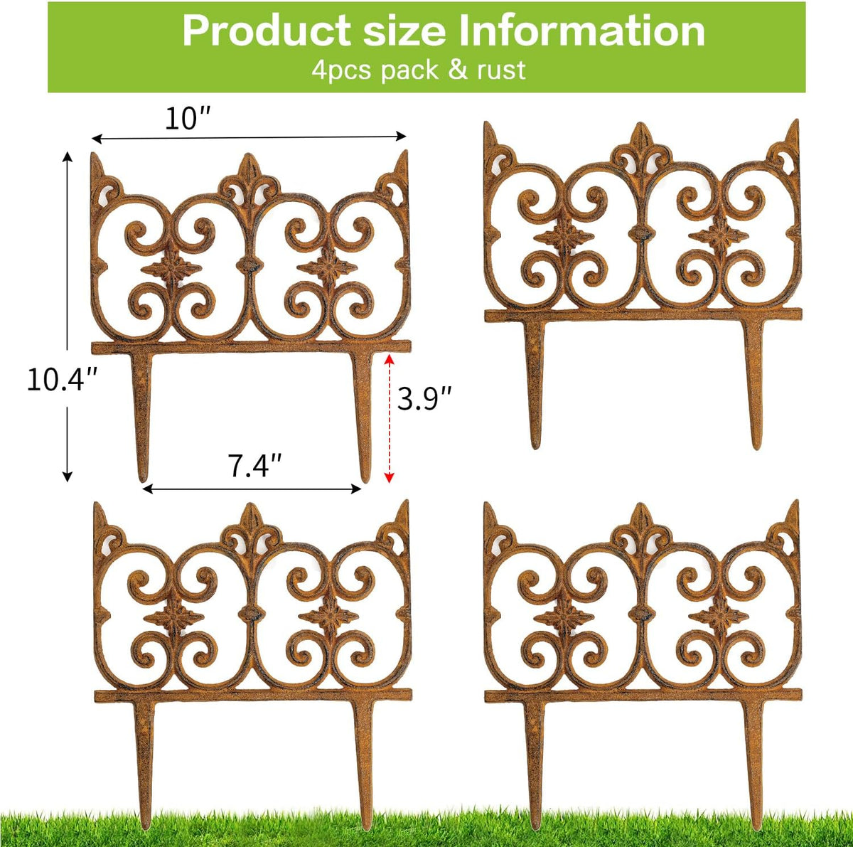 Sungmor Decorative Cast Iron Garden Edging, 4 Pack Full Rusted Victorian Garden Edging Landscape