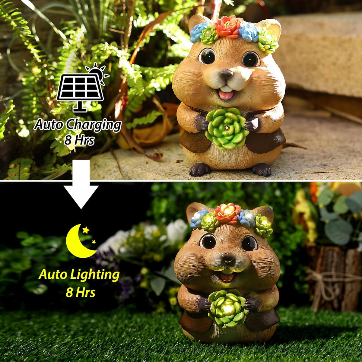 Solar Garden Decor Outdoor Statues Hamster with Succulent and LED Lights Birthday Gifts for Women