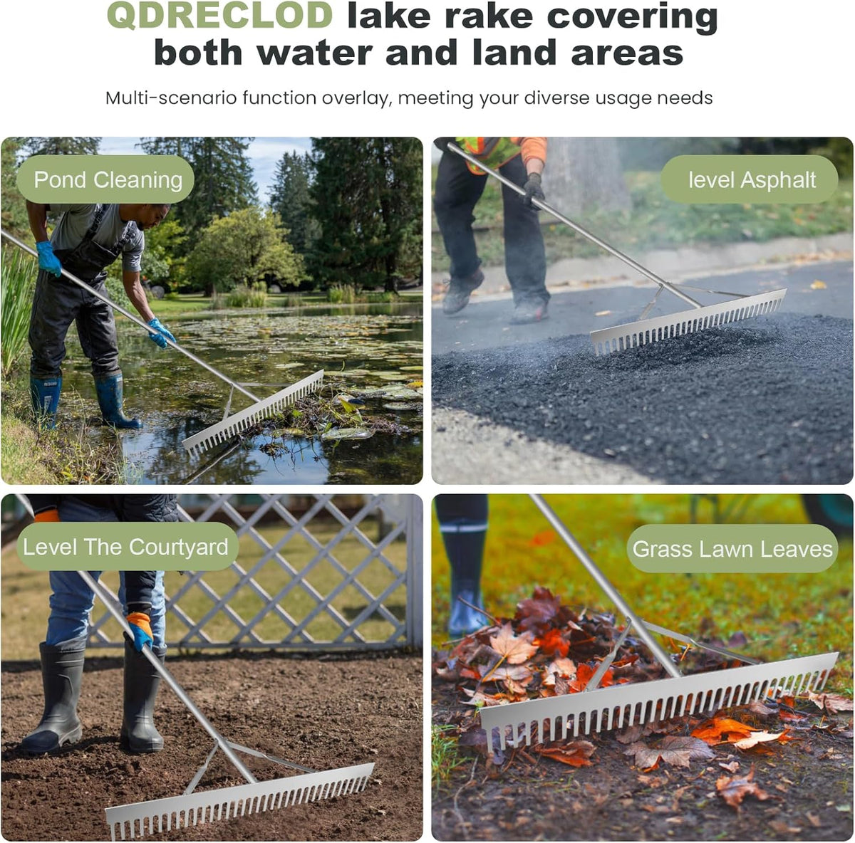 Landscape Rake, 36" Aluminum Heavy Duty Lake Weed Rake, Multifunctional Detachable Aquatic with